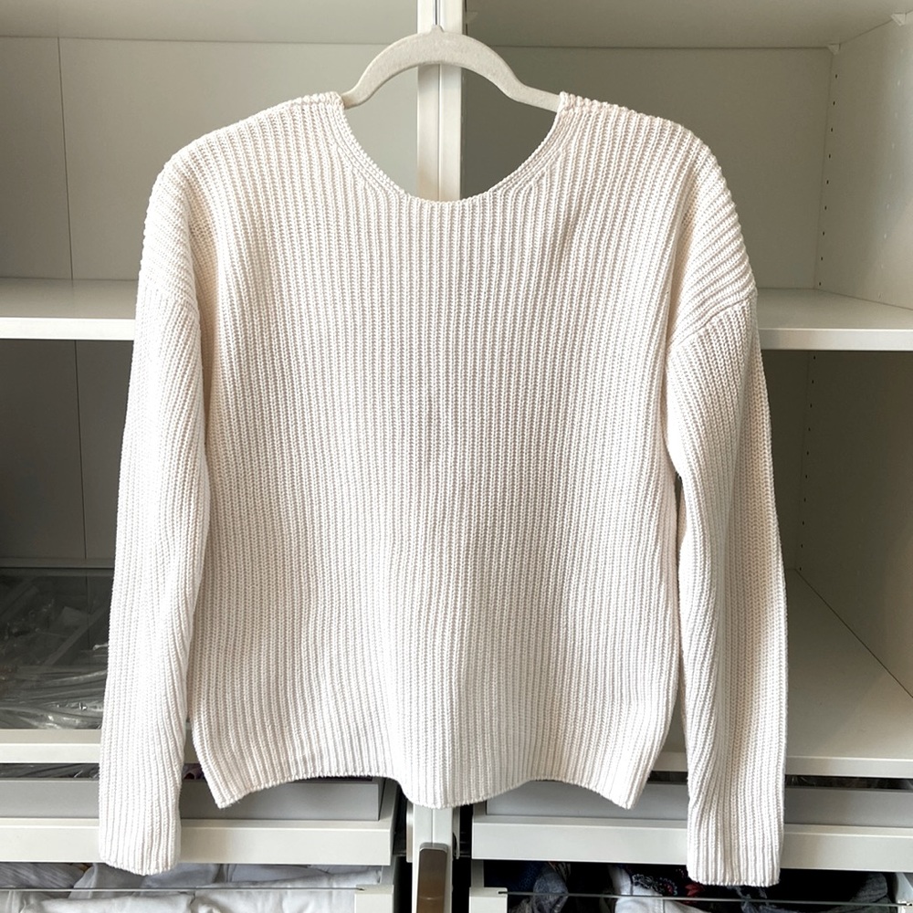 Loft cream crew neck sweater with faux wrap & bow in back